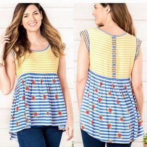 Matilda Jane on my mind XL  floral & stripes yellow and blue  blouse